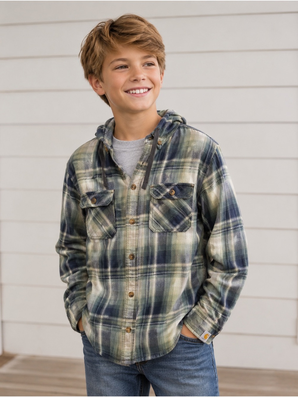 Carhartt Boys Hooded Plaid Button-Down Shirt Jacket (Shacket) Size L (12/14)